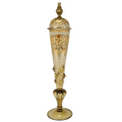 Antique Moser 19" Hand Blown Topaz Covered Vase/Pokal w/ Prunts & Raised Gilt Decoration