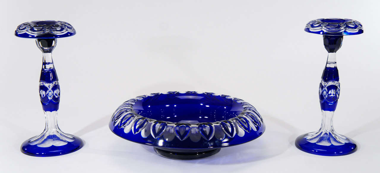 Val St. Lambert made this striking cobalt blue centerpiece set 
ca. 1920's which includes a dramatic center bowl, measuring 13