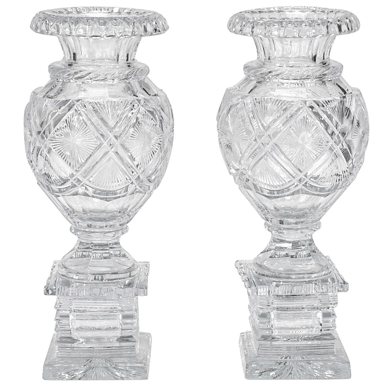 Pair of 19th C. AngloIrish Cut Crystal Mantle Vases W/ Square Bases