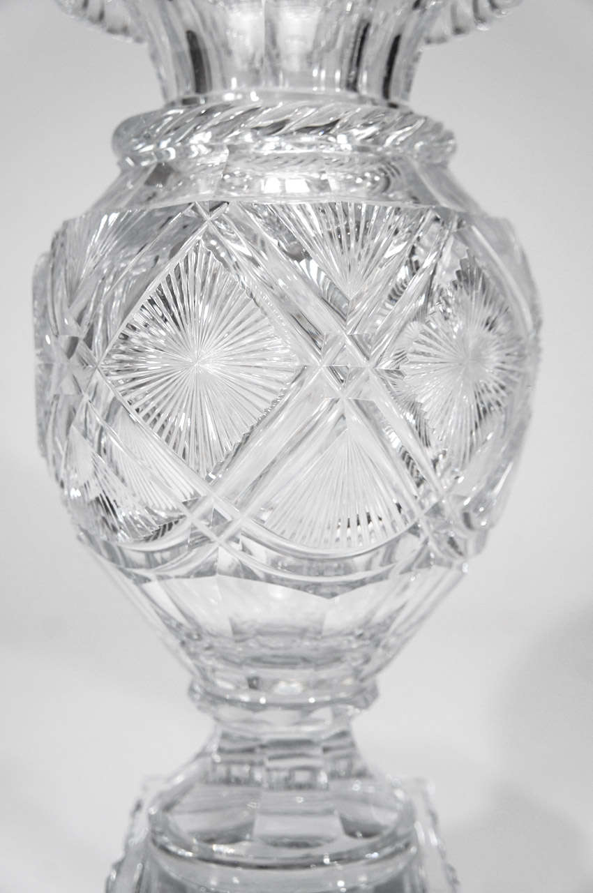 Pair of 19th C. AngloIrish Cut Crystal Mantle Vases W/ Square Bases