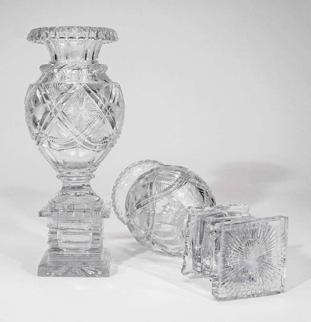 Pair of 19th C. AngloIrish Cut Crystal Mantle Vases W/ Square Bases