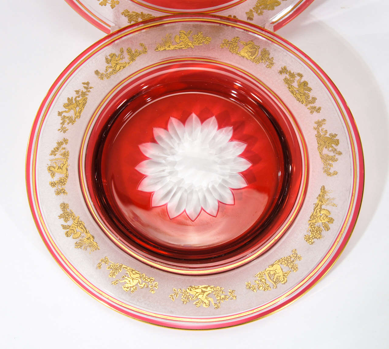 12 Val St. Lambert Cranberry Crystal Gilded Dessert Plates For Sale at 1stDibs
