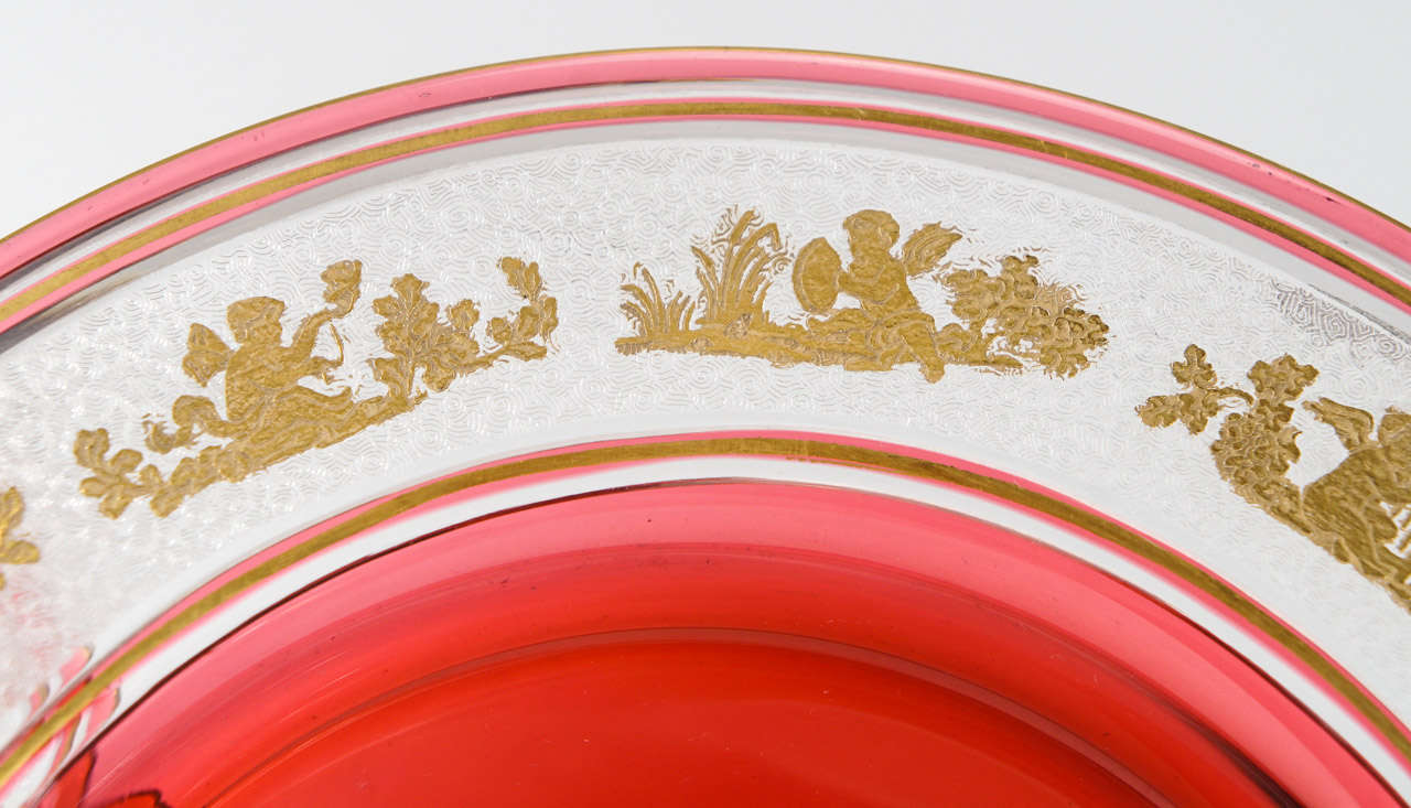 12 Val St. Lambert Cranberry Crystal Gilded Dessert Plates For Sale at 1stDibs