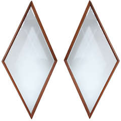 Pair Walnut Framed Diamond Mirrors by La Barge