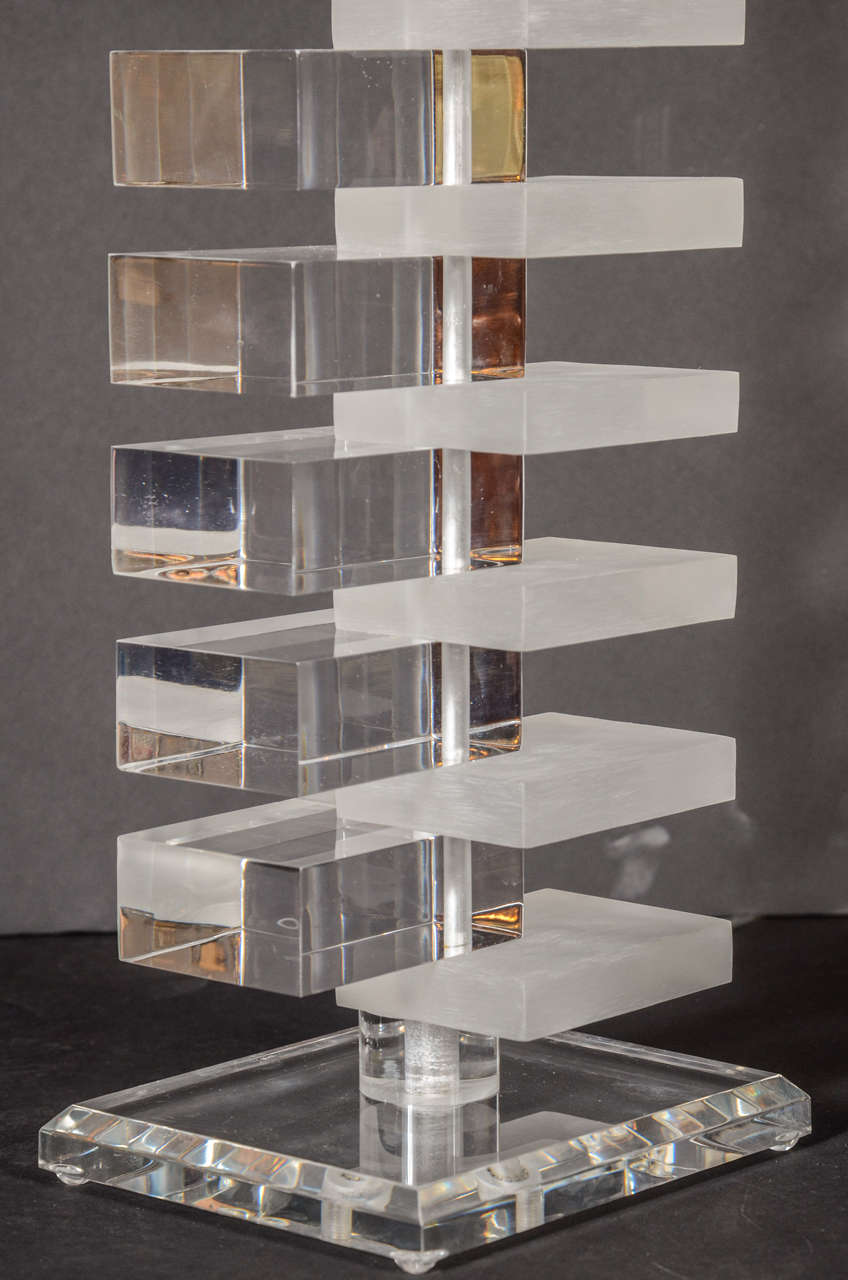 20th Century Modernist Skyscraper Style Frosted & Clear Lucite Lamp For Sale