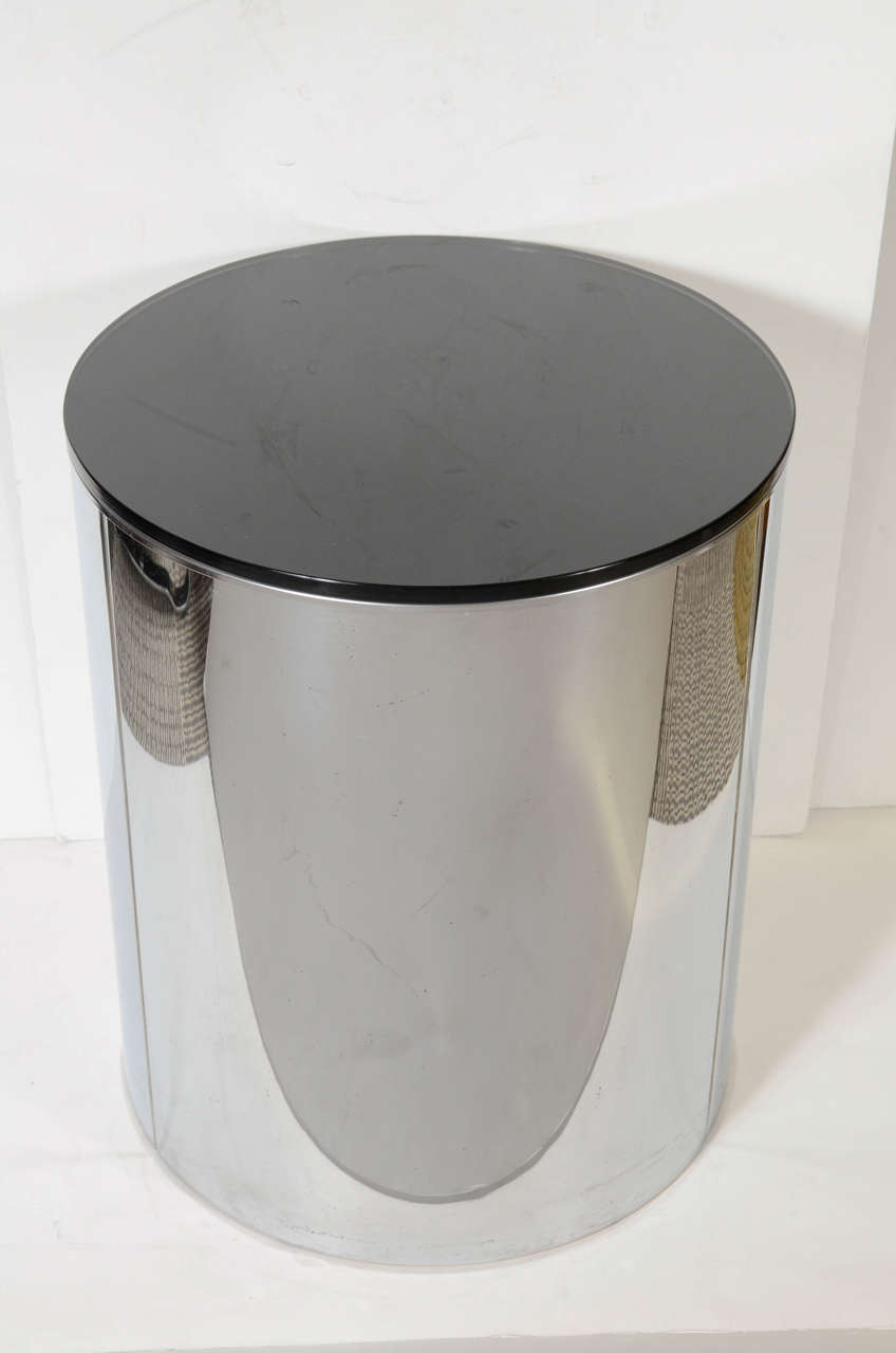 Sophisticated Mid-Century Drum Table in wrapped chrome and signed by the noted designer Curtis Jere.  It is topped with a 1/4