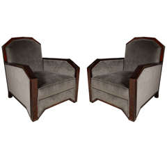 Pair of Cubist Art Deco Club Chairs in Mahogany & Velvet