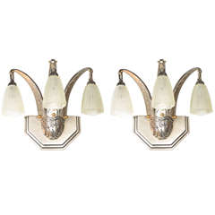 Gorgeous Pair of Art Deco Sconces by Daum with Relief Frosted Glass