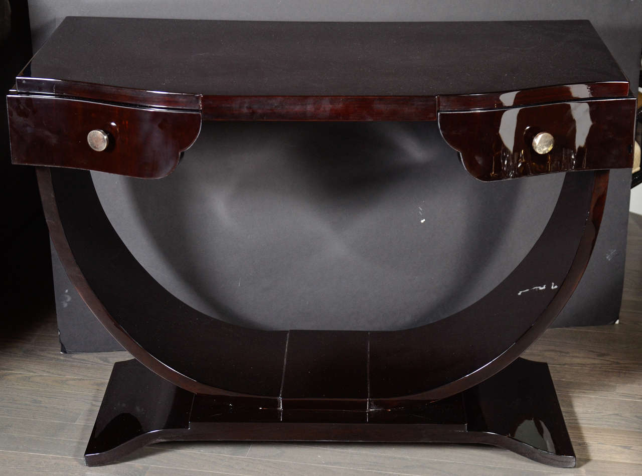 Elegant Art Deco Vanity in the Manner of Ruhlmann in Book Matched Mahogany