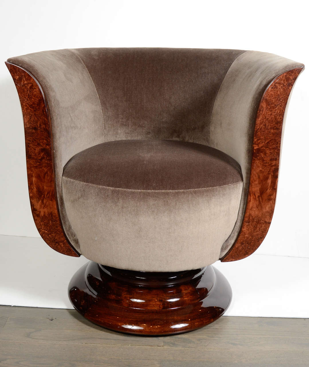 This pair of Art Deco Tulip Chairs feature burled carpathian elm on the arms and tiered skyscraper style base base, upholstered in luxurious expresso velvet.