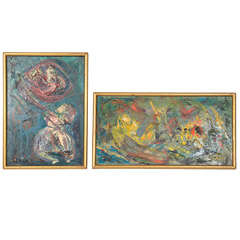 Pair of Abstract Paintings by Naomi Lorne in Original Gold Leaf Frames