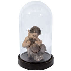 Vintage Royal Copenhagen Faun with Flute Figurine Enclosed in Victorian Glass Dome