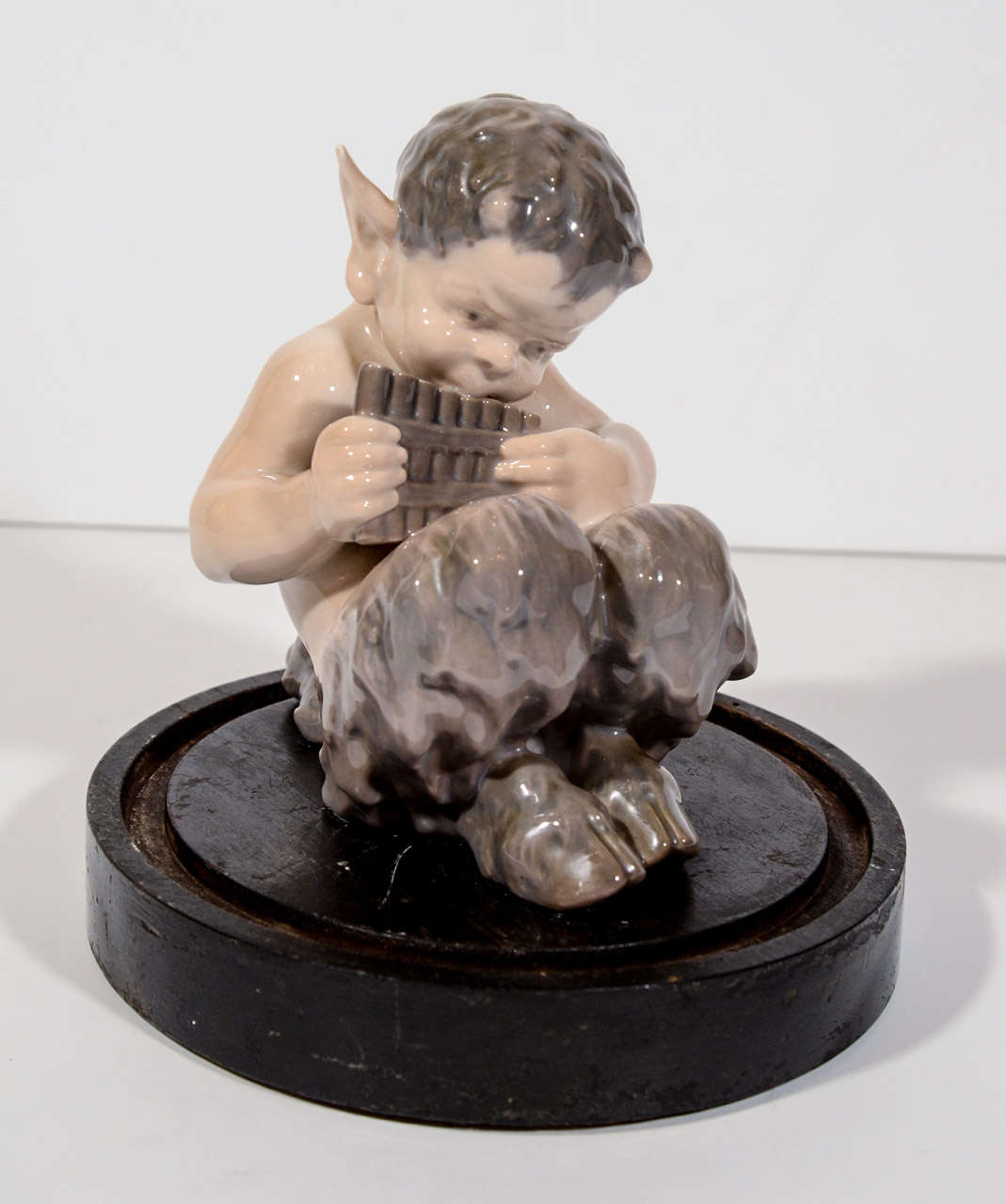 Danish Royal Copenhagen Faun with Flute Figurine Enclosed in Victorian Glass Dome