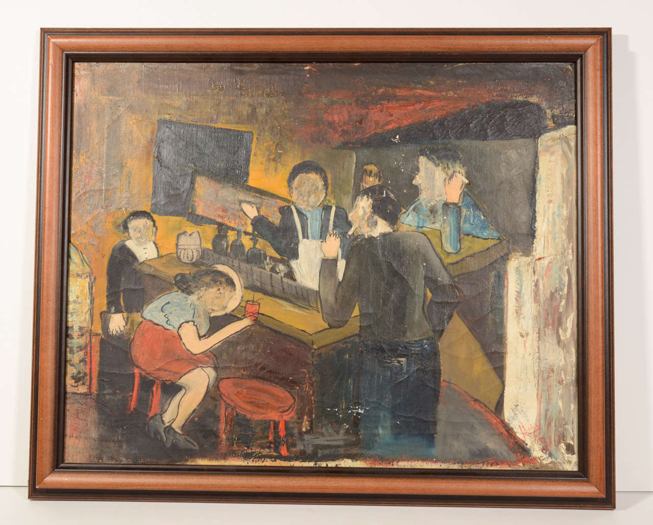 Brilliant oil on canvas abstract figural painting depicting a bar scene in Europe, probably France. Painting is mounted in original hand carved wood shadowbox frame in mahogany and ebonized walnut with gilded details. Signed by Artist.  Actual