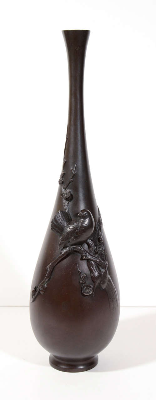 Decorative Asian Cast Bronze Vase with Perched Bird Design