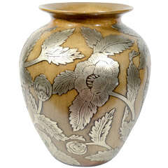 Ceramic Pottery Urn Vase with Relief Designs in Silver Leaf