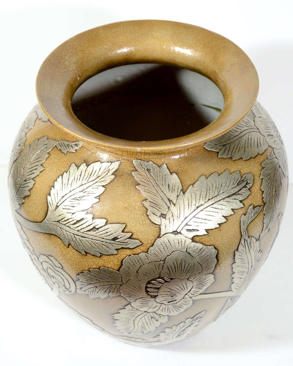 20th Century Ceramic Pottery Urn Vase with Relief Designs in Silver Leaf