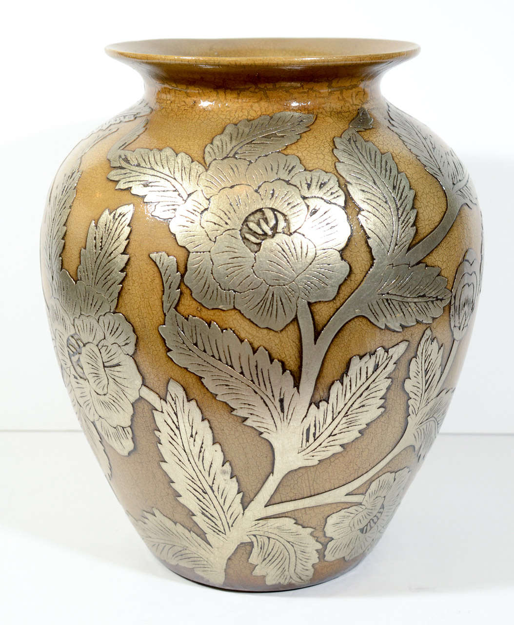Ceramic Pottery Urn Vase with Relief Designs in Silver Leaf 2