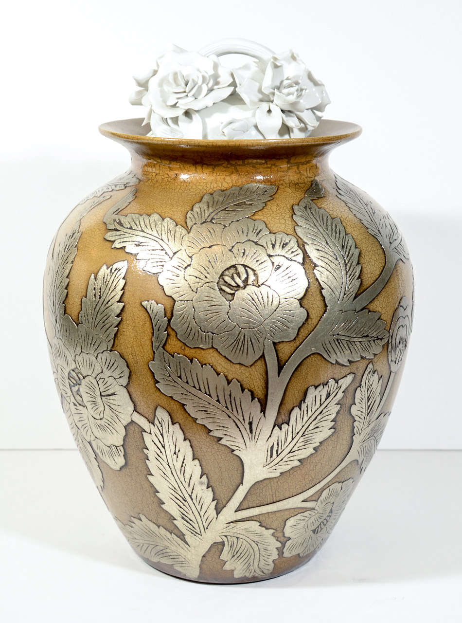 Ceramic Pottery Urn Vase with Relief Designs in Silver Leaf 3