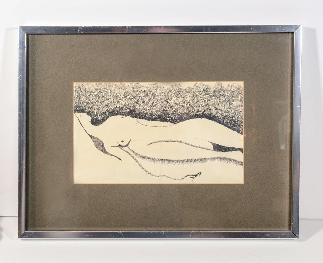 Beautifully conceived original ink sketch of female form. The sketch is comprised of a series of incredibly detailed sequences of short and diminutive lines or strokes. The lines in essence become the background and outline of the piece while the