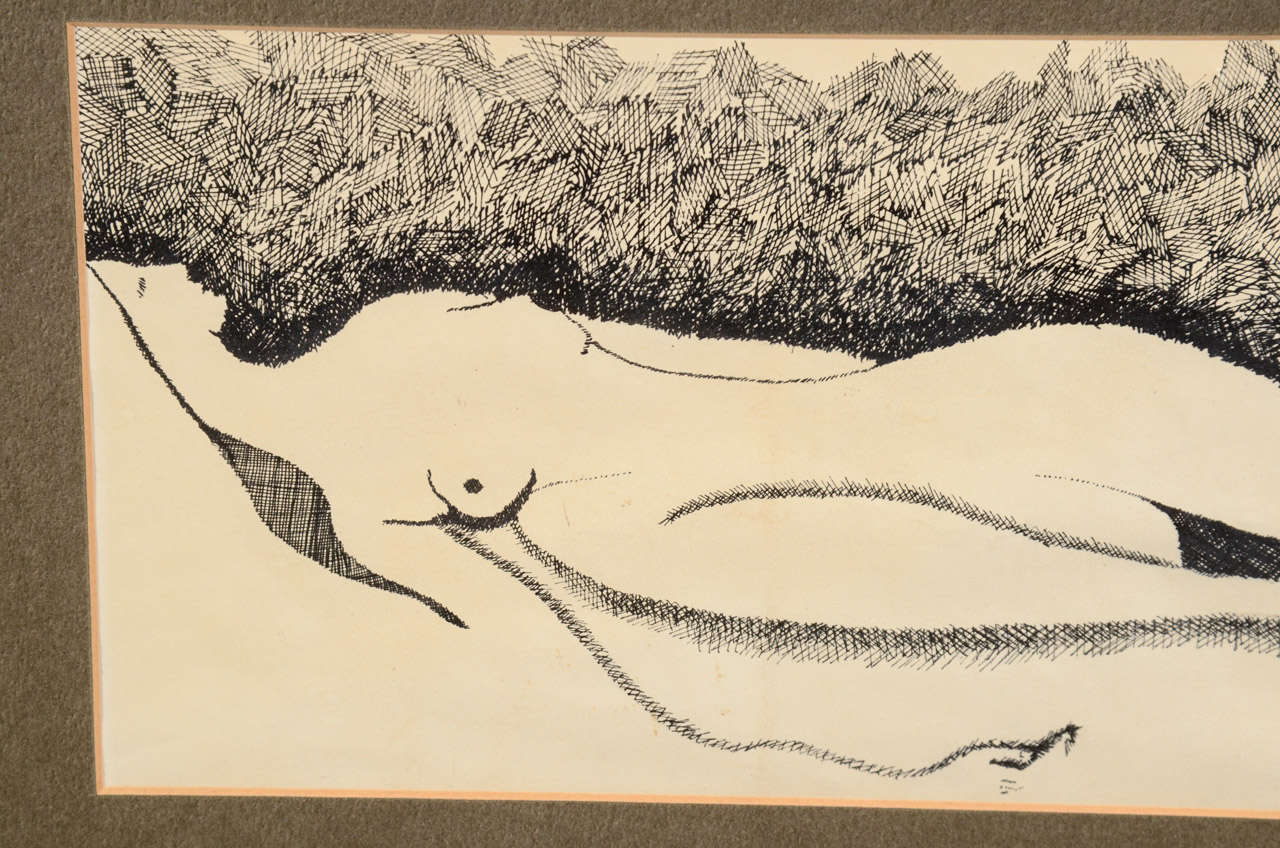 Mid Century Original Ink Sketch of Female Nude Form In Excellent Condition In Fort Lauderdale, FL