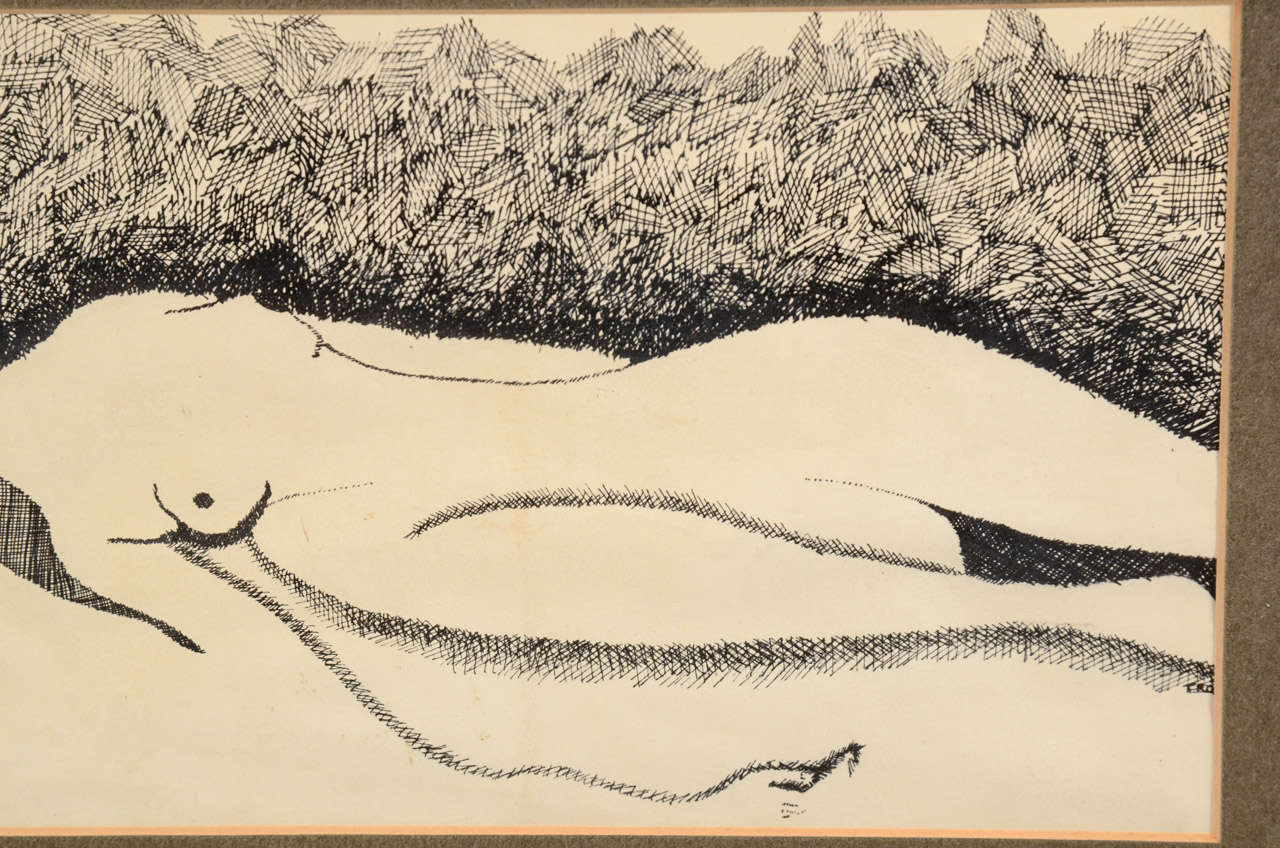 20th Century Mid Century Original Ink Sketch of Female Nude Form