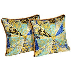 Pair of Vintage Versace Silk Pillows with Distinguished Scarf Print