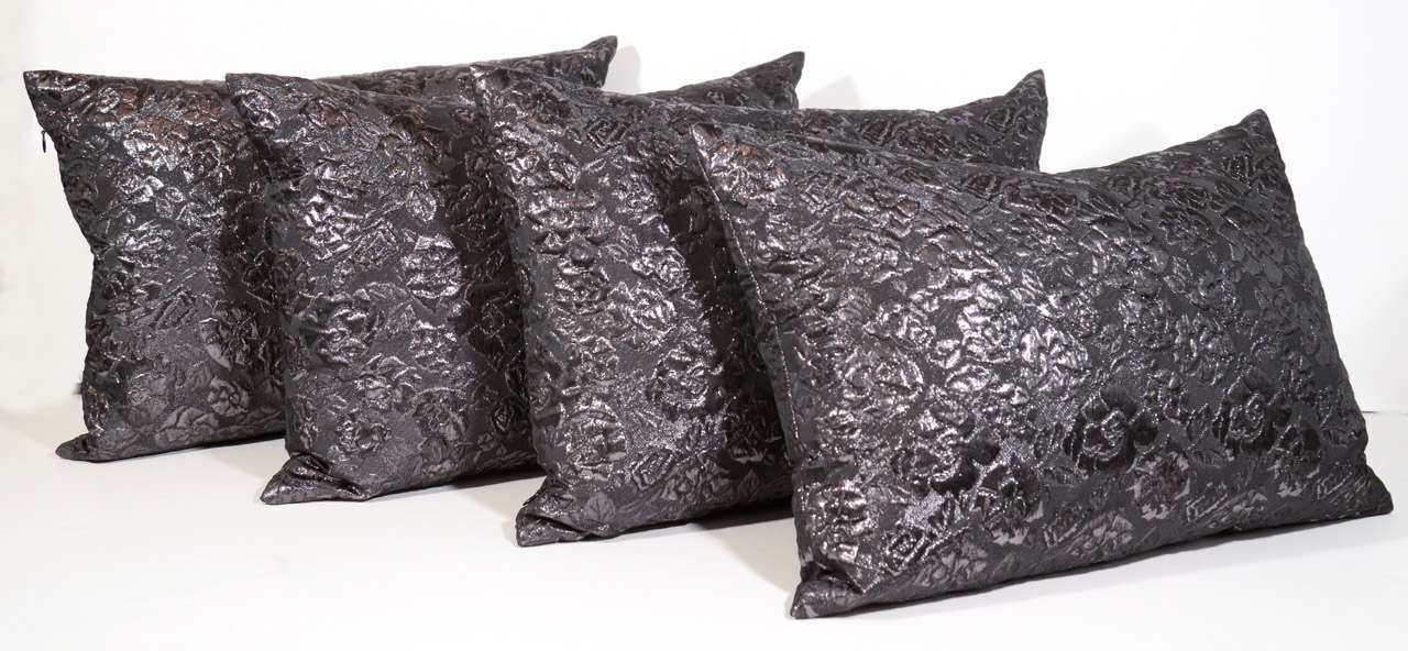 Set of four custom lumbar accent pillows upholstered in vintage Italian embossed silk, with geometric floral prints and in a metallic charcoal or gunmetal hues.  Sold separately for $250 each and fitted with zippered covers for easy cleaning.