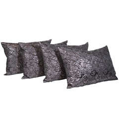Set of Four Vintage Throw Pillows in Embossed Gunmetal Silk