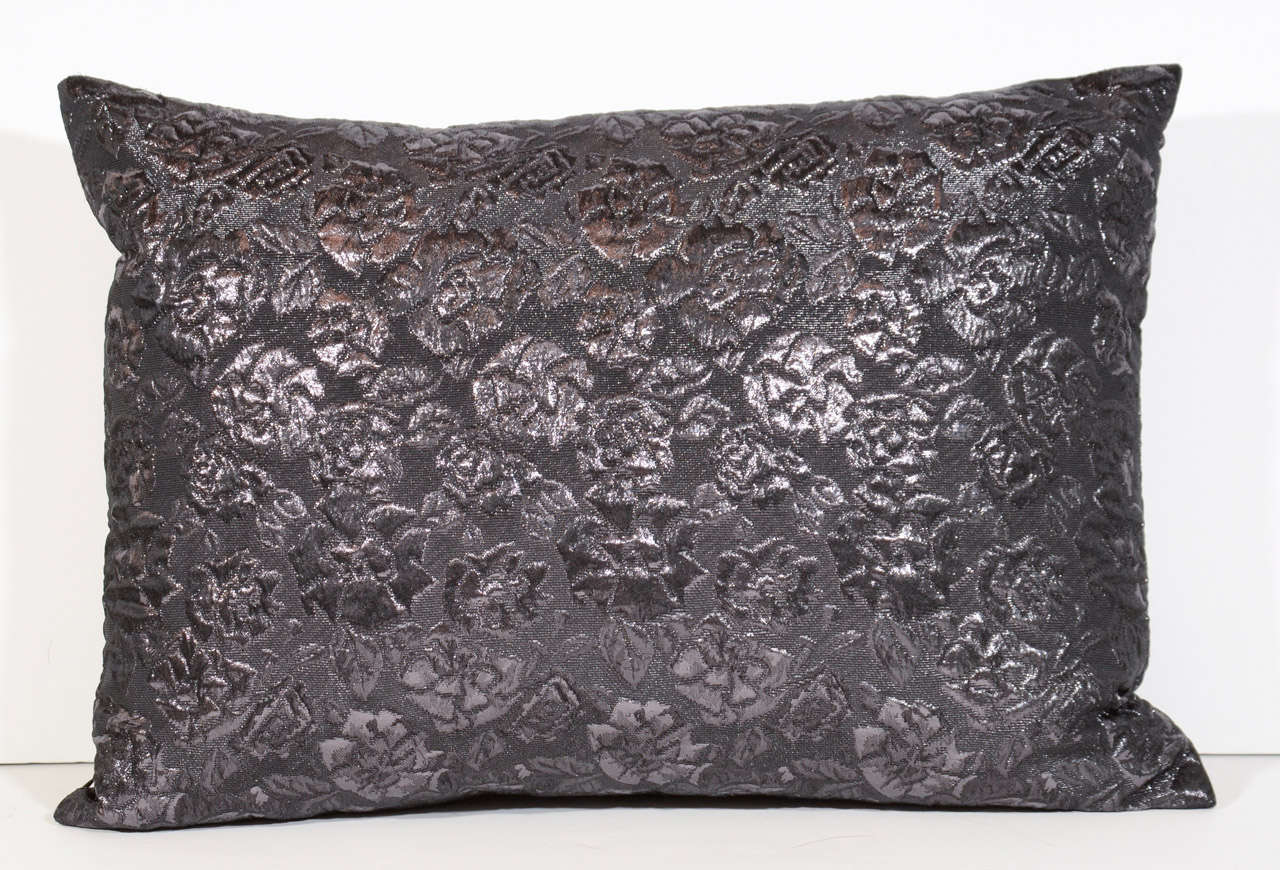 Italian Set of Four Vintage Throw Pillows in Embossed Gunmetal Silk