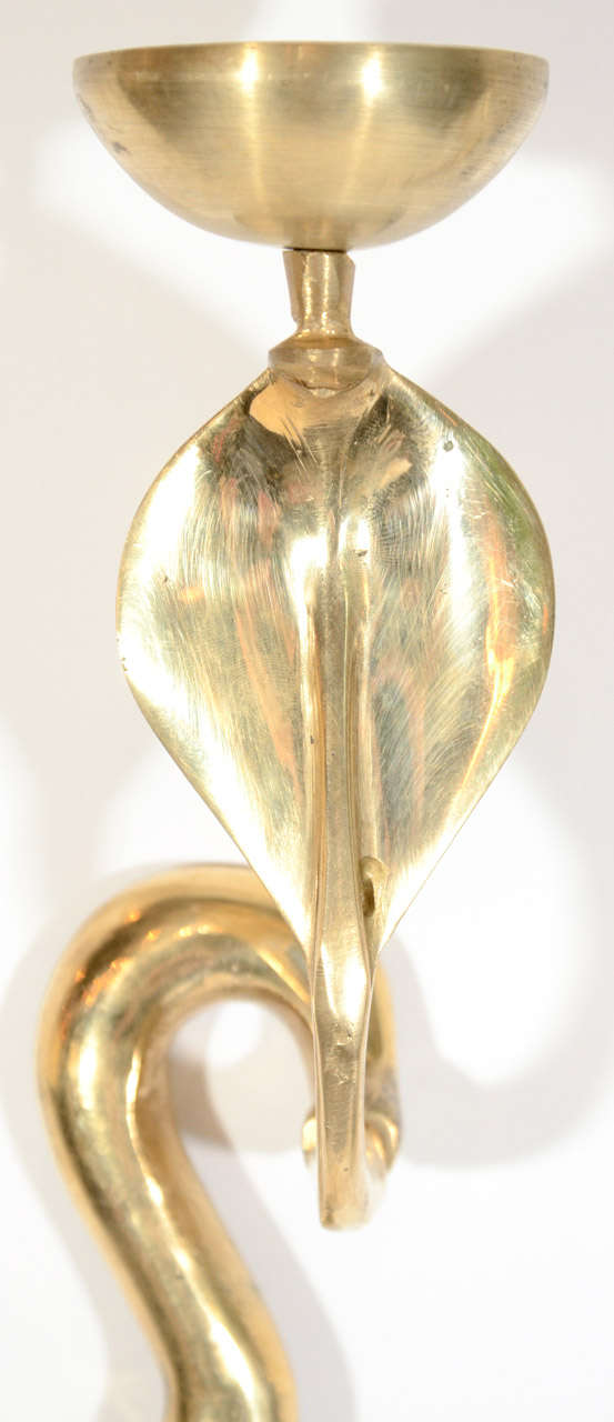 Mid-Century Modern Pair of Stylized Vintage Brass Cobra Candleholder Sconces