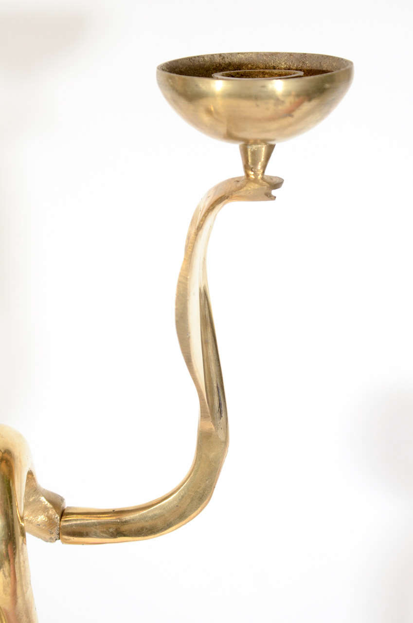 20th Century Pair of Stylized Vintage Brass Cobra Candleholder Sconces