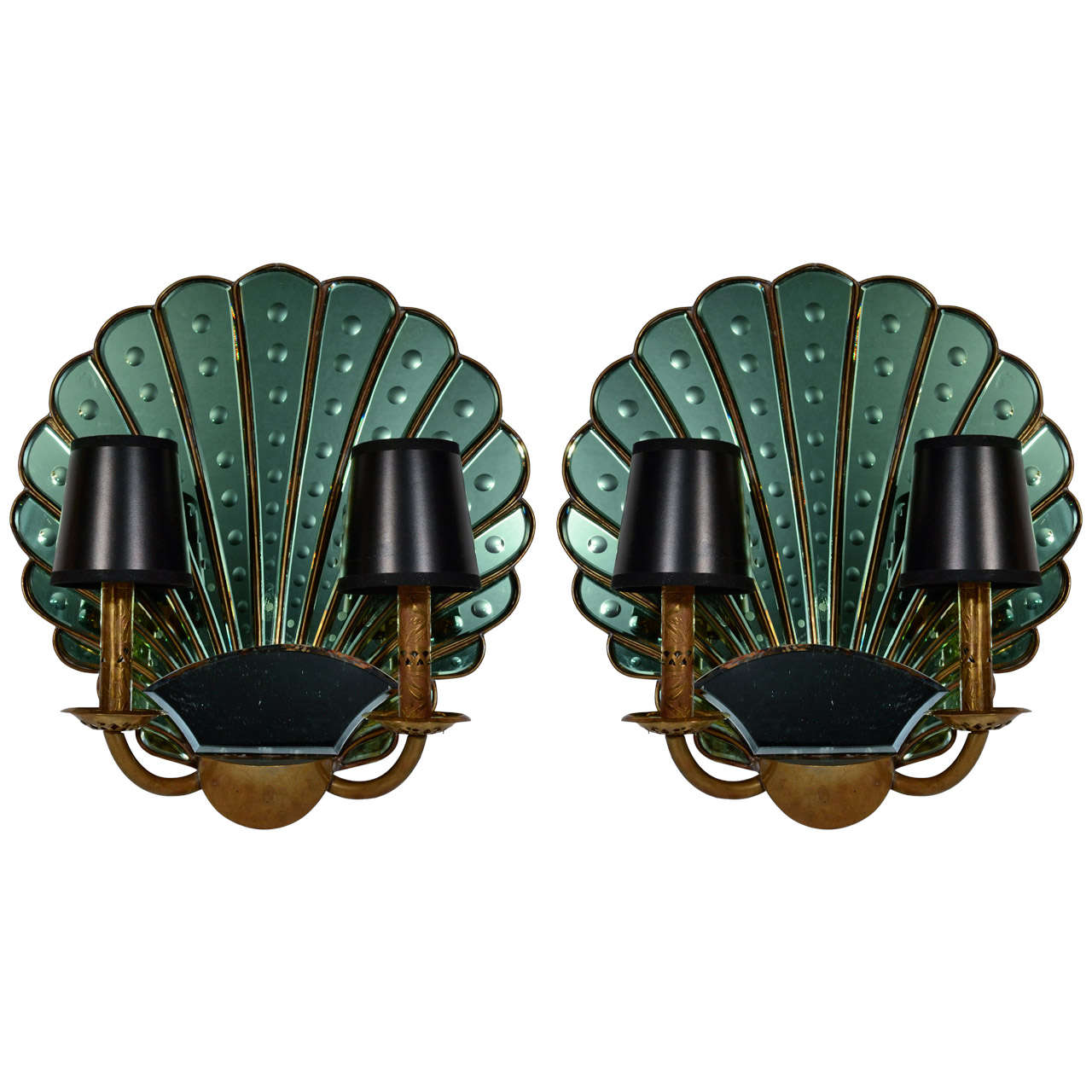 Pair of Art Deco Emerald Mirrored Sconces with Shell Design