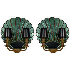 Vintage Pair of Art Deco Emerald Mirrored Sconces with Shell Design
