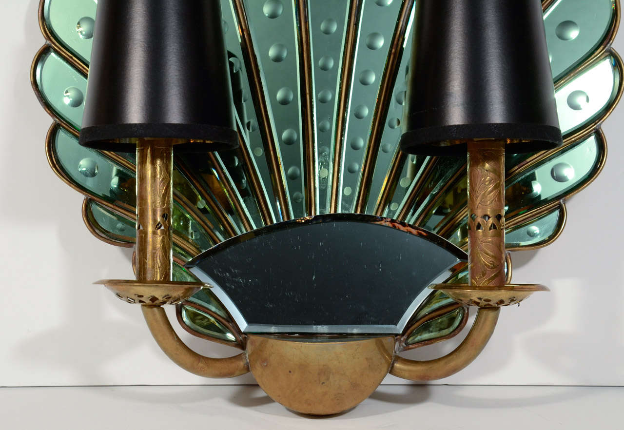 French Pair of Art Deco Emerald Mirrored Sconces with Shell Design