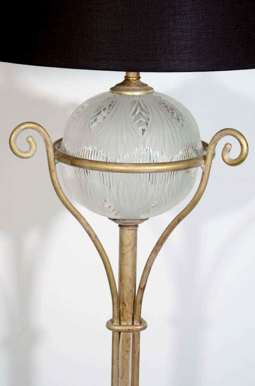 Frosted Art Deco Gilded Floor Lamp with Relief Glass Center