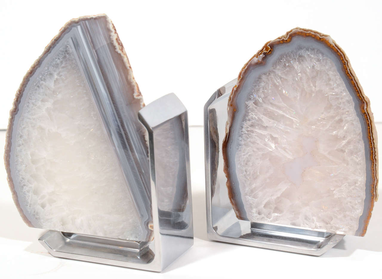 Pair of Natural Agate Stone Bookends with Polished Chrome Stands 5