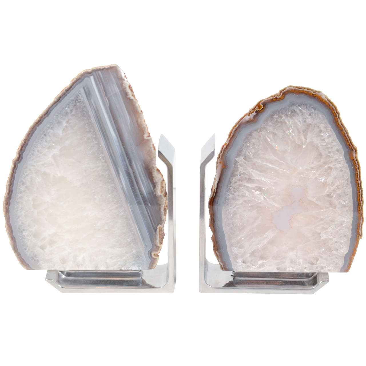 Pair of Natural Agate Stone Bookends with Polished Chrome Stands