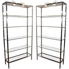 Pair of Modernist Tall Illuminated Etageres in Chrome and Glass