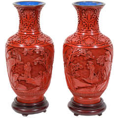 Pair of Antique Chinese Cinnabar and Ceramic Vases