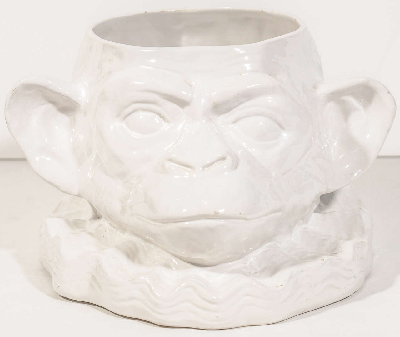 Mid Century Ceramic Chimpanzee with Pleated Collar Bowl or Vase