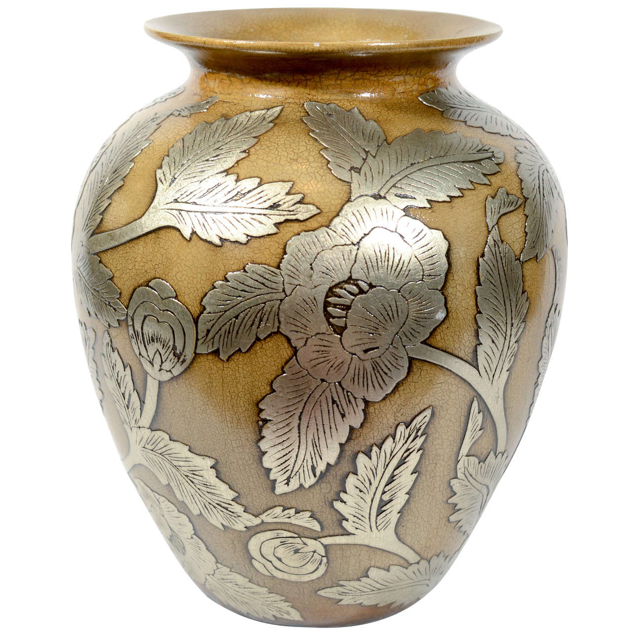 Ceramic Pottery Urn Vase with Relief Designs in Silver Leaf at 1stdibs