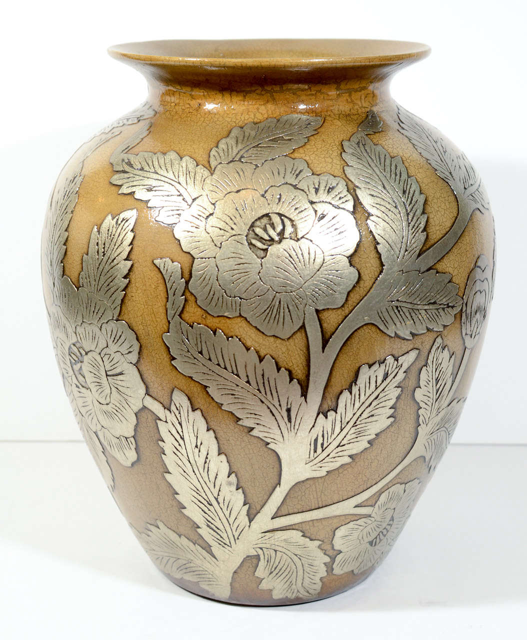 Ceramic Pottery Urn Vase with Relief Designs in Silver Leaf at 1stdibs