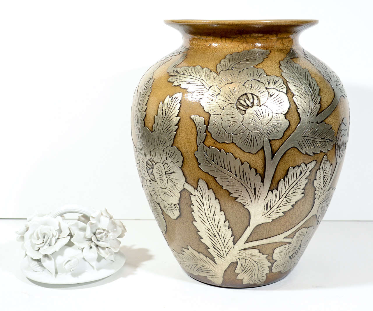 Ceramic Pottery Urn Vase with Relief Designs in Silver Leaf at 1stdibs