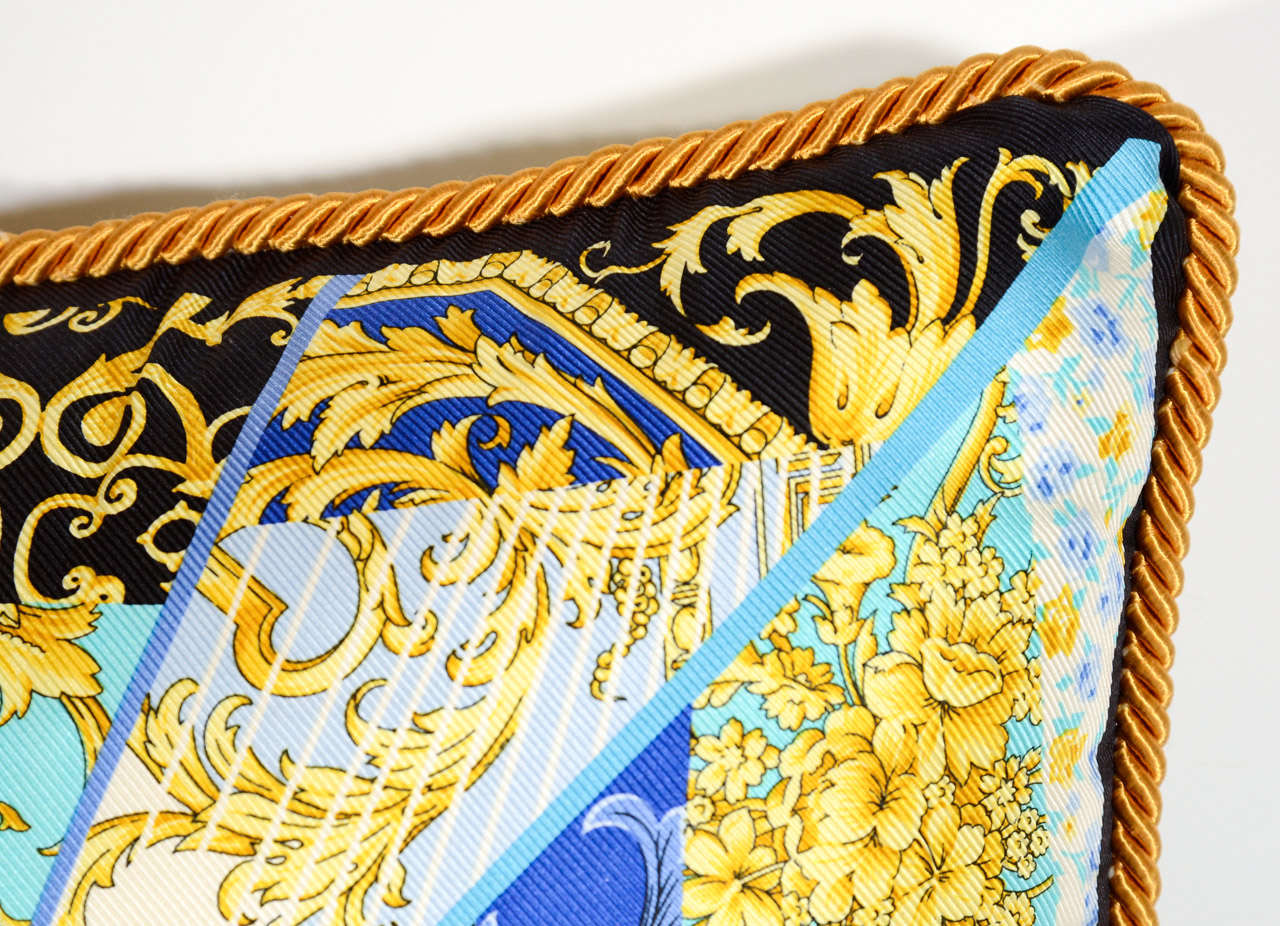 Pair of Vintage Versace Silk Pillows with Distinguished Scarf Print at