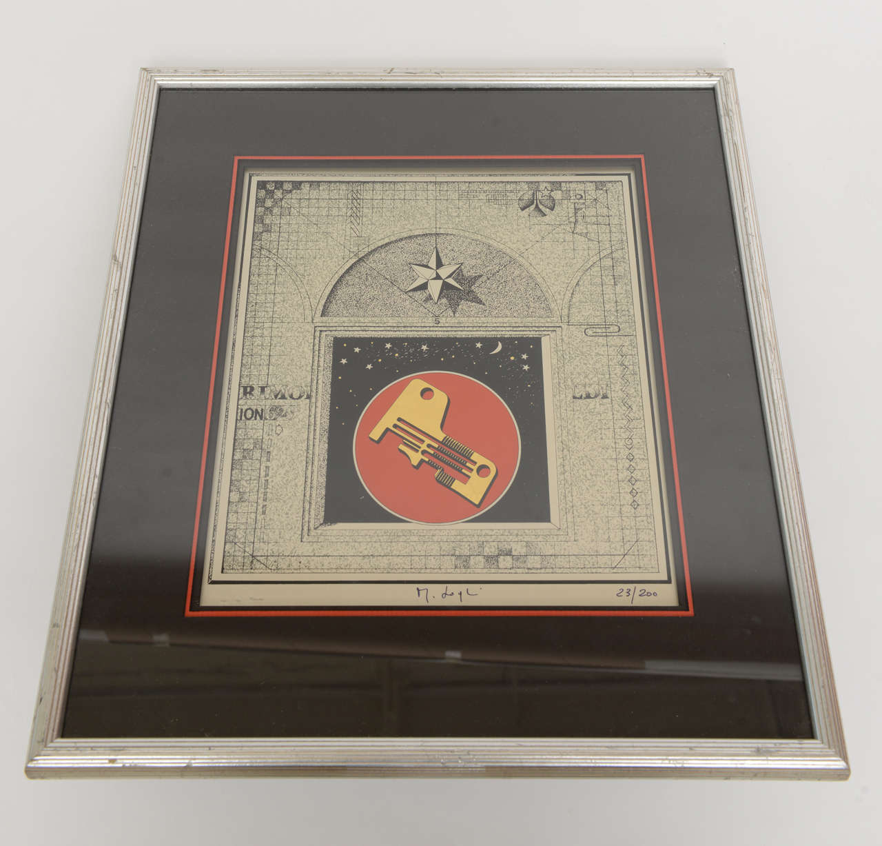 This great Italian style work of art signed by Mario Logli is a limited edition serigraph #63/200 in three colors. It has a very Fornasetii look and style to it. This is the original frame it came with. It has its own red folder in the back. All in