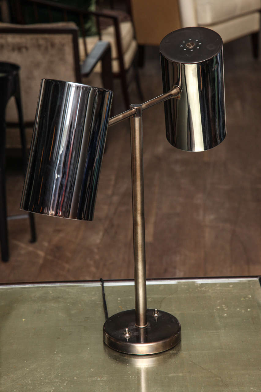 Black nickel plated Nessen Studios twin arm task lamp circa 1960 with antique nickel plated arms & base - adjustable shades