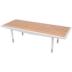 Mid-Century White Slatted Wood Table Bench