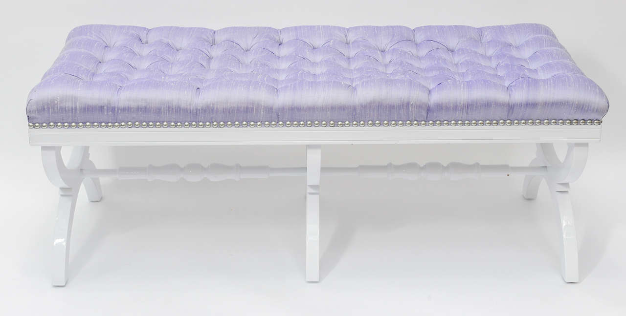 American Hollywood Regency Tufted Silk Bench For Sale