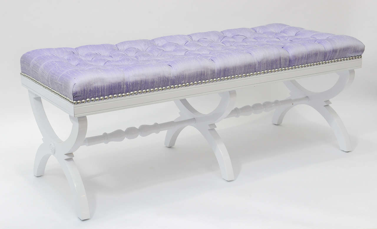 Hollywood Regency Tufted Silk Bench In Excellent Condition For Sale In Miami, FL